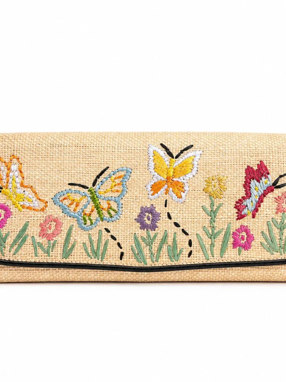 Embroidered Butterfly Floral Straw Envelope Clutch Bag Tan Multicolor